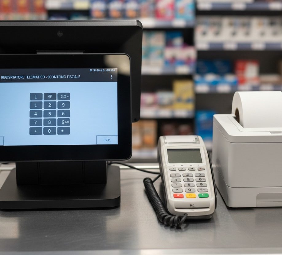 Un sistema di cassa elettronico con un touch screen, un terminale POS e una stampante per scontrini su un bancone di un negozio.